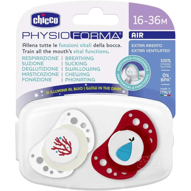 Chicco Suzeta din silicon PH AIR 16-36M luminiscenta alb/rosu 2buc 7503543 Cutie N2