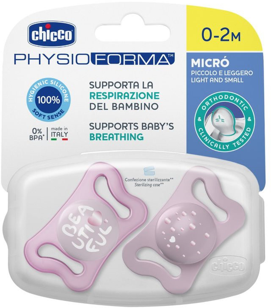Chicco Suzeta MICRO silicon  Roz 0-2M 2buc Cutie N1